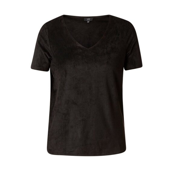 Velvety Black Faux Suede Short Sleeve V-Neck Tee - Picture 3 of 16
